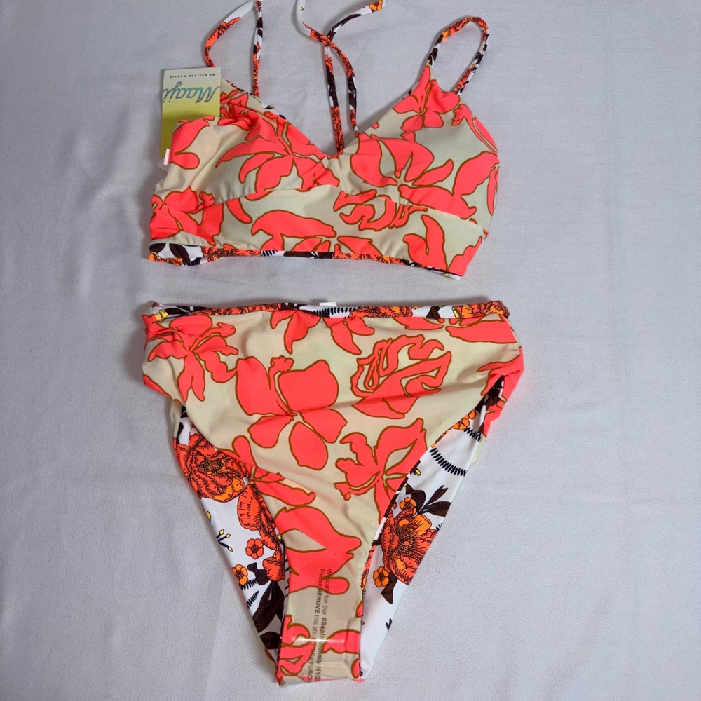 Maaji Bikini Set Large Orange Floral High Waist lace back swimwear reversible